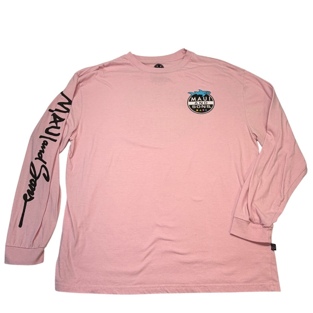 Maui and Sons Mens XL Pink Long Sleeve Graphic Shark Logo Surf Tee Shirt